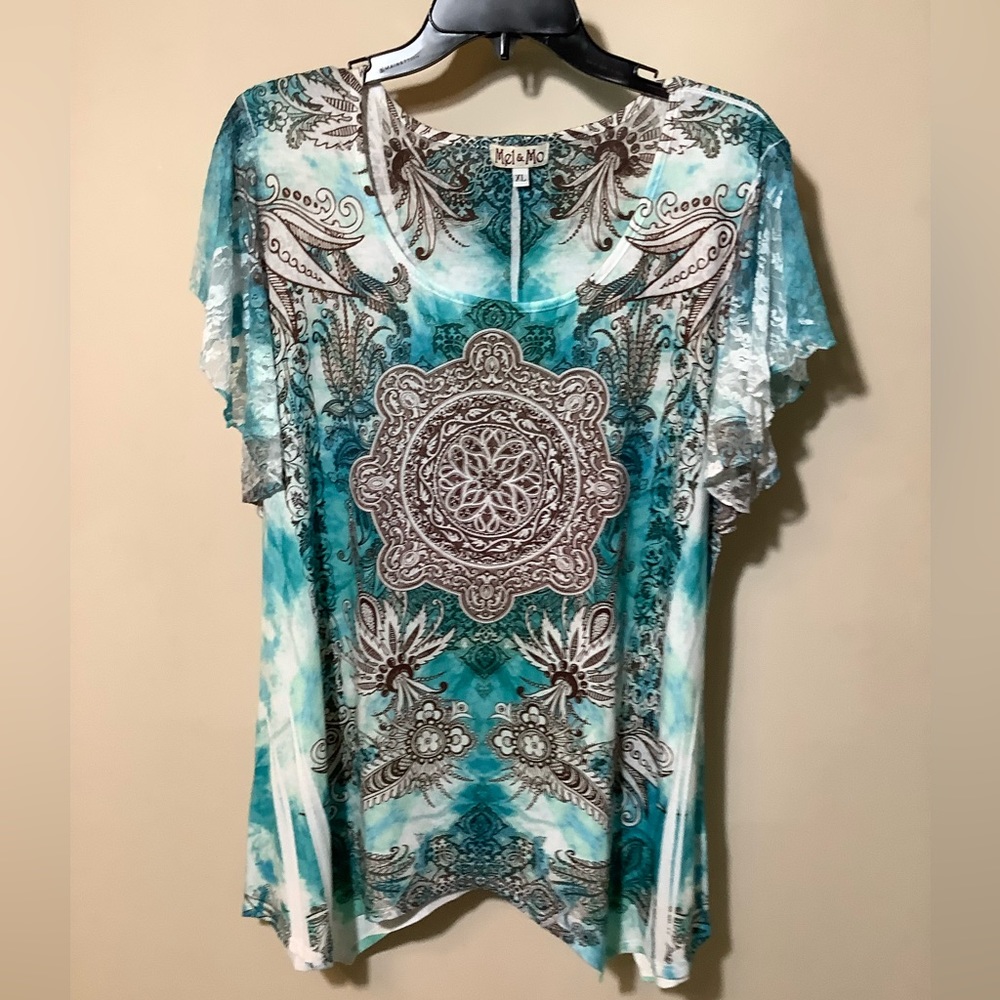 Mel & Mo tie dyed embellished fabric tunic with lace butterfly sleeves XL